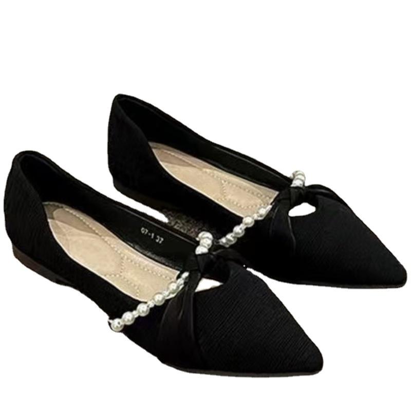 Schuhe für Damen Frühling Slipper Süße Damen Ballerinas Einfarbig Spitz Zehenbereich Flock Perlen Flache Schuhe Damen 43 schwarz von Joom DACH