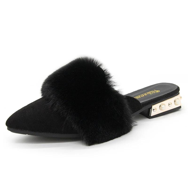 Schuhe für Mädchen Damen Hausschuhe Damen Pantoletten Zehenbedeckende Slipper Damen Schnurperlen Niedrige Luxus Pantoletten Flockfell Flip Flops Dame 37 schwarz von Joom DACH