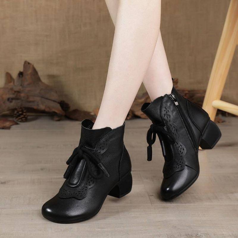 Schuhe im neuen Stil Retro Mama Stiefeletten Damen Rundzehen Mittelhoch Absatz Rutschfest Weichsohlige Stiefeletten 39 schwarz von Joom DACH