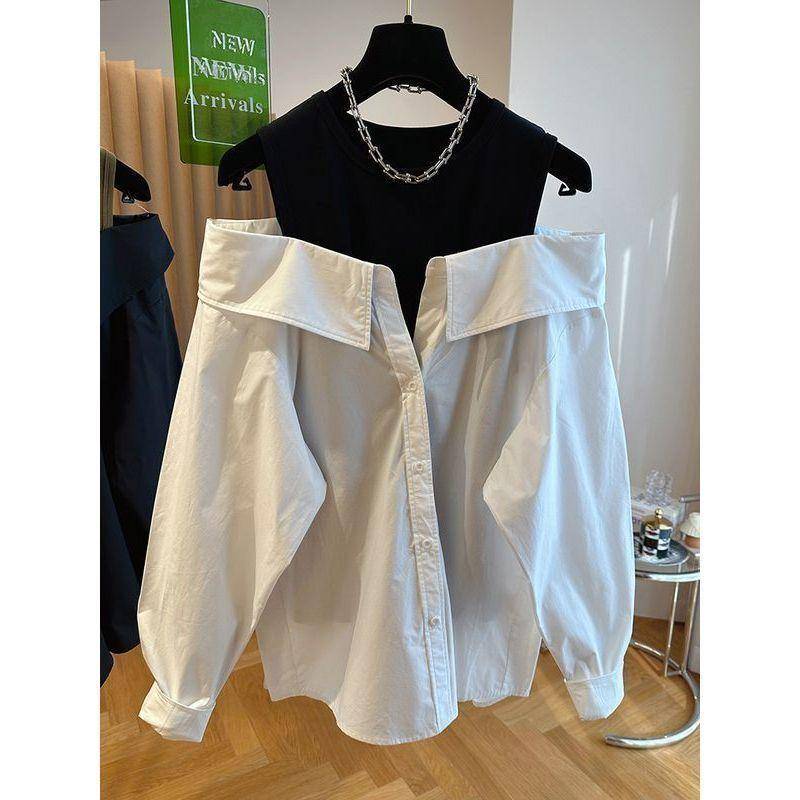 Schulterfreie Blusen Damen Schlankes und Lockeres Tanktop Gespleißtes Langarmshirt Herbst Rundhals Fashion Shirts Damen Top XXXL weiß von Joom DACH