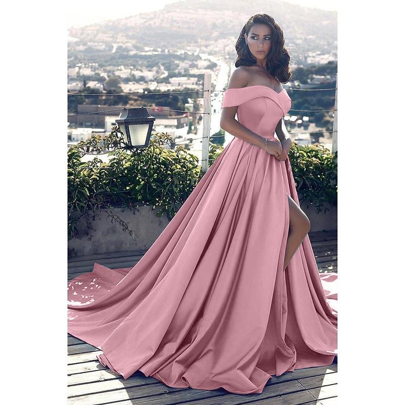 Schulterfreie Kleider in Übergröße für Damen, bodenlang, elegantes Ballkleid, Brautkleid mit hohem Schlitz, Übergröße S rosa von Joom DACH