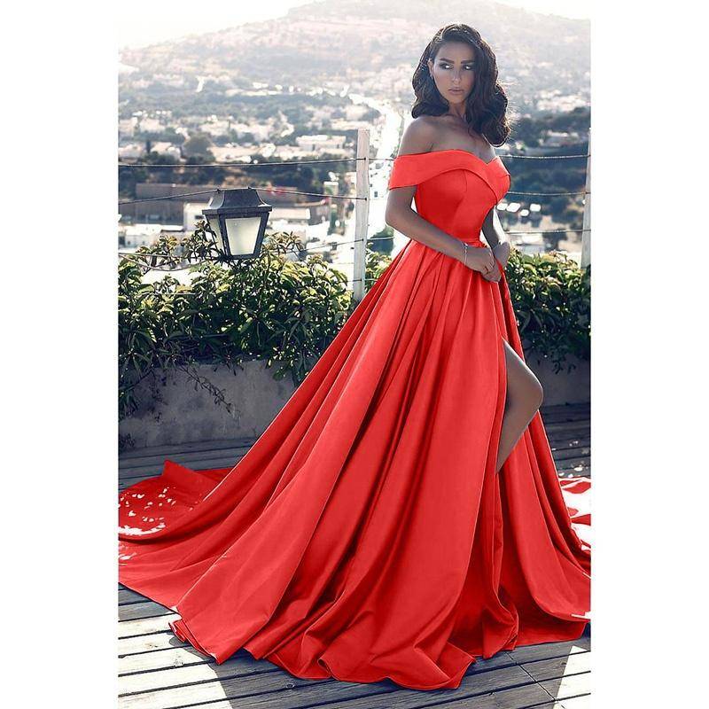 Schulterfreie Kleider in Übergröße für Damen, bodenlang, elegantes Ballkleid, Brautkleid mit hohem Schlitz, Übergröße XL rot von Joom DACH