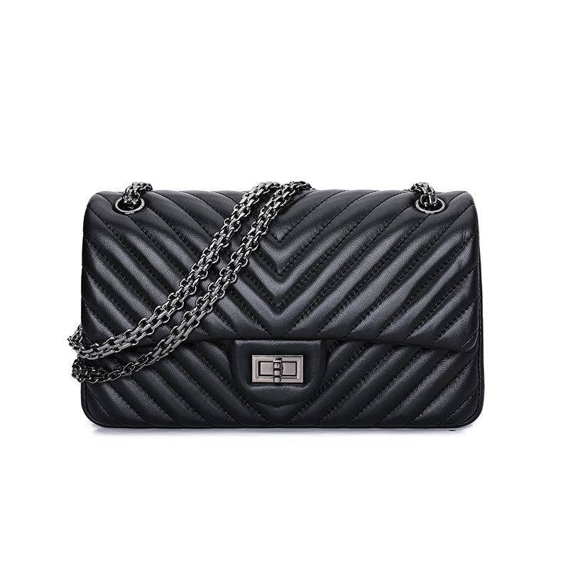 Schultertasche aus Schafsleder Marke Mit Der Gleichen V Gitter-Ketten-Tasche Flow Echtes Leder Messenger Damen-Tasche Medium Black von Joom DACH