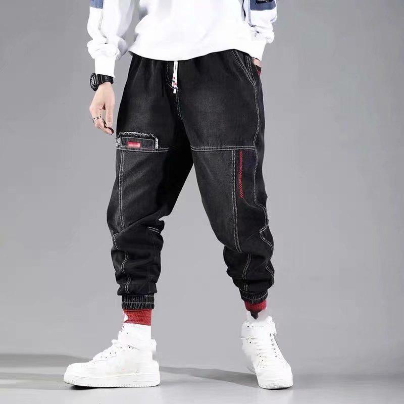 Schwarz Blau Streetwear Hip Hop Cargohose Herren Jeans Elastische Baggy Haremshose Männliche Sport Jogger Koreanische Mode Knöchel Banded Denim M schwarz von Joom DACH
