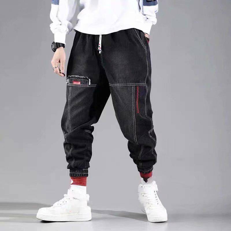 Schwarz Blau Streetwear Hip Hop Cargohose Herren Jeans Elastische Baggy Haremshose Männliche Sport Jogger Koreanische Mode Knöchel Banded Denim M schwarz von Joom DACH