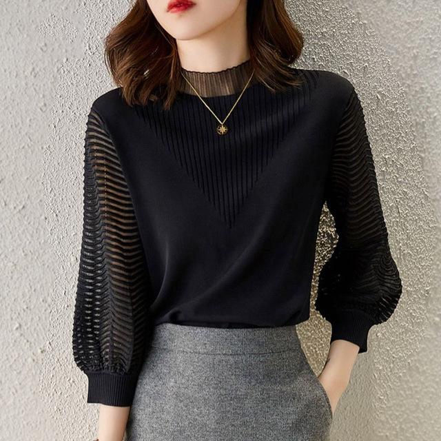 Schwarz Stricken Frauen Herbst T-shirt Temperament Schlank Rollkragen Gaze Patchwork Laterne Hülse Büro Lose Dame Top one size schwarz von Joom DACH