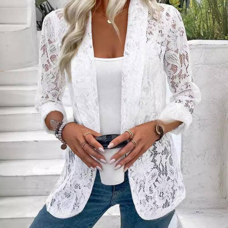 Schwarz Weiß Klassische Spitze Jacke Damen Elegant Leichter Mantel Frühling Herbst Bluse M weiß von Joom DACH