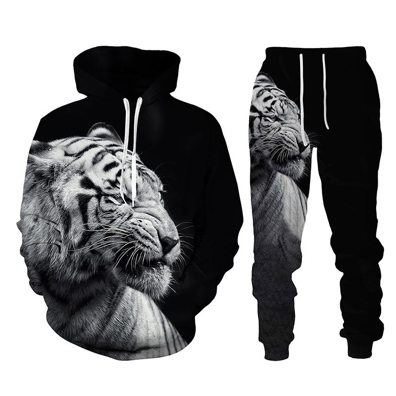 Schwarz und Weiß The Tiger 3D-gedrucktes Herren-Sweatshirt-Hoodies-Set Herren-Löwen-Trainingsanzug/Pullover/Hosen-Sportbekleidung Frühling Herbst XXXL von Joom DACH