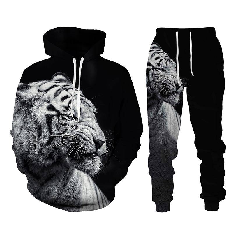 Schwarz und Weiß The Tiger 3D-gedrucktes Herren-Sweatshirt-Hoodies-Set Herren-Löwen-Trainingsanzug/Pullover/Hosen-Sportbekleidung Frühling Herbst XXXL von Joom DACH