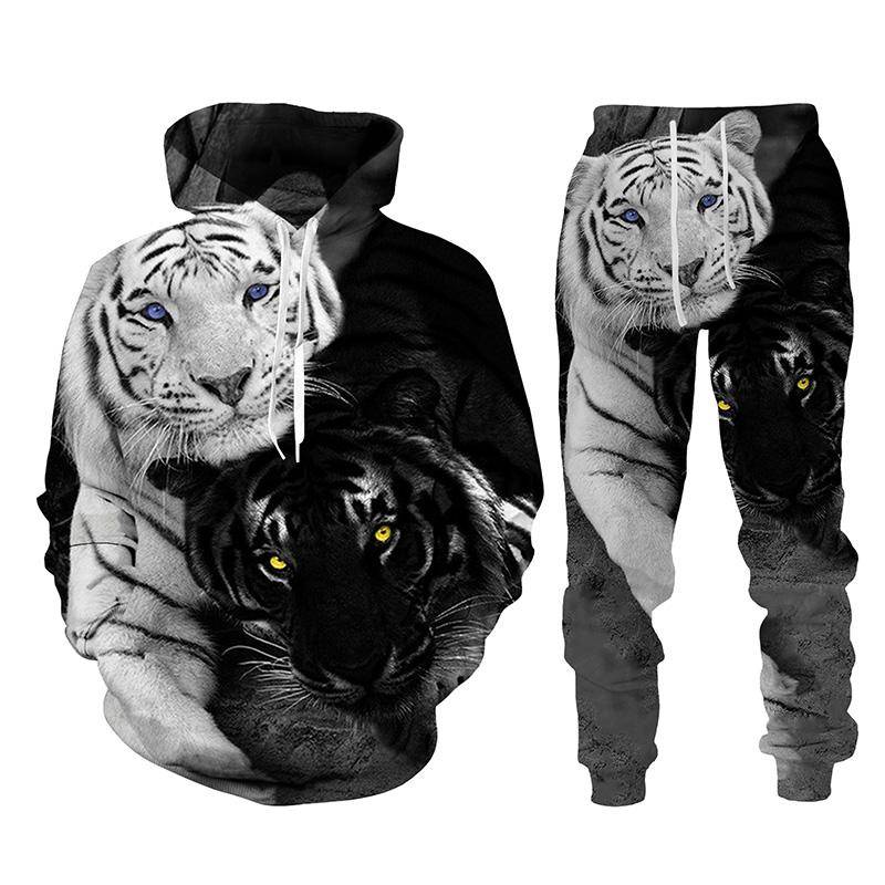 Schwarz und Weiß The Tiger 3D-gedrucktes Herren-Sweatshirt-Hoodies-Set Herren-Löwen-Trainingsanzug/Pullover/Hosen-Sportbekleidung Frühling Herbst XXXL von Joom DACH