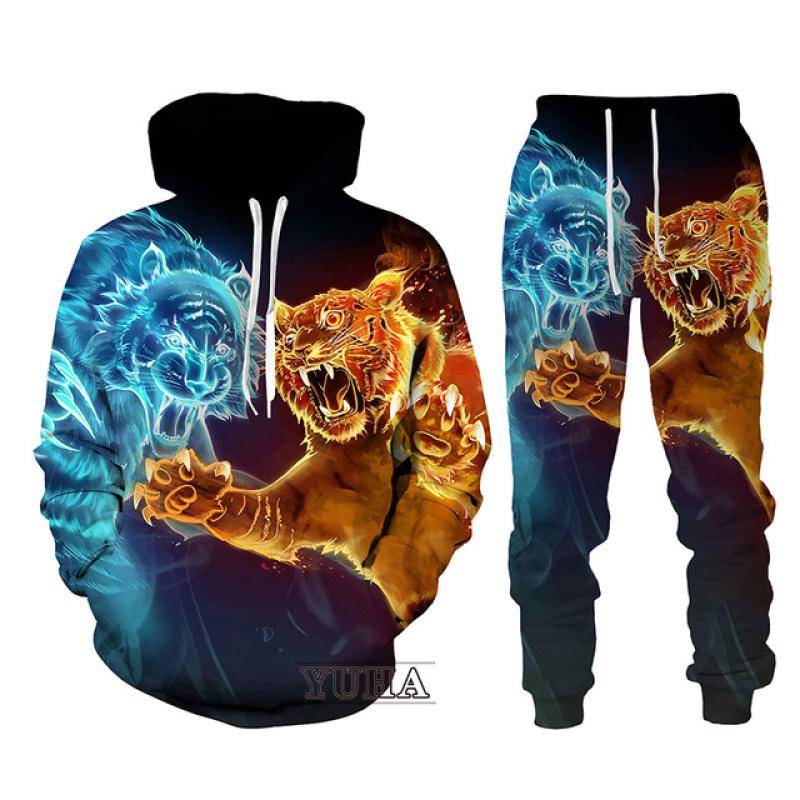 Schwarz und Weiß The Tiger 3D-gedrucktes Herren-Sweatshirt-Hoodies-Set Herren-Löwen-Trainingsanzug/Pullover/Hosen-Sportbekleidung Frühling Herbst XXXL von Joom DACH
