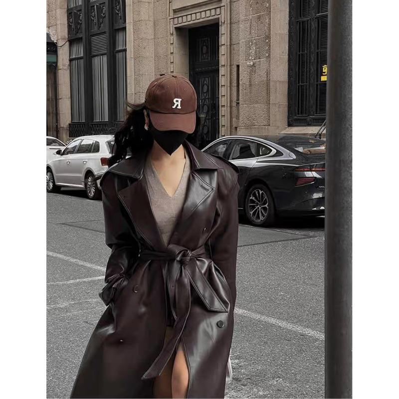 Schwarzbraune Retro-Mittel- und Langknie-Lederjacke für Damen, neuer lockerer Ledertrenchcoat L braun von Joom DACH