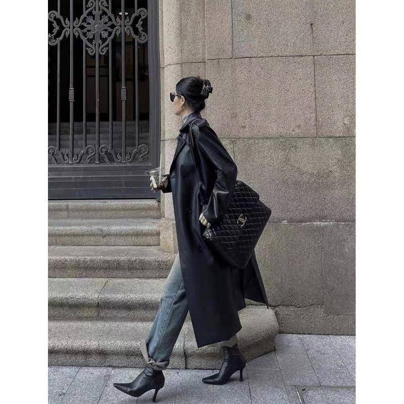 Schwarzbraune Retro-Mittel- und Langknie-Lederjacke für Damen, neuer lockerer Ledertrenchcoat L schwarz von Joom DACH