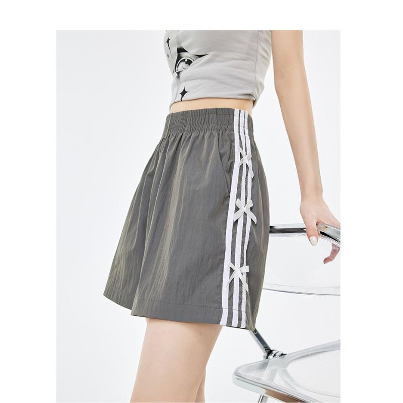 Schwarze Bow Sportshorts für Damen Sommer Dünn Neu High-Waist A-Linie Schlankmachend Lässig Fünf-Punkte-Hose XL grau von Joom DACH