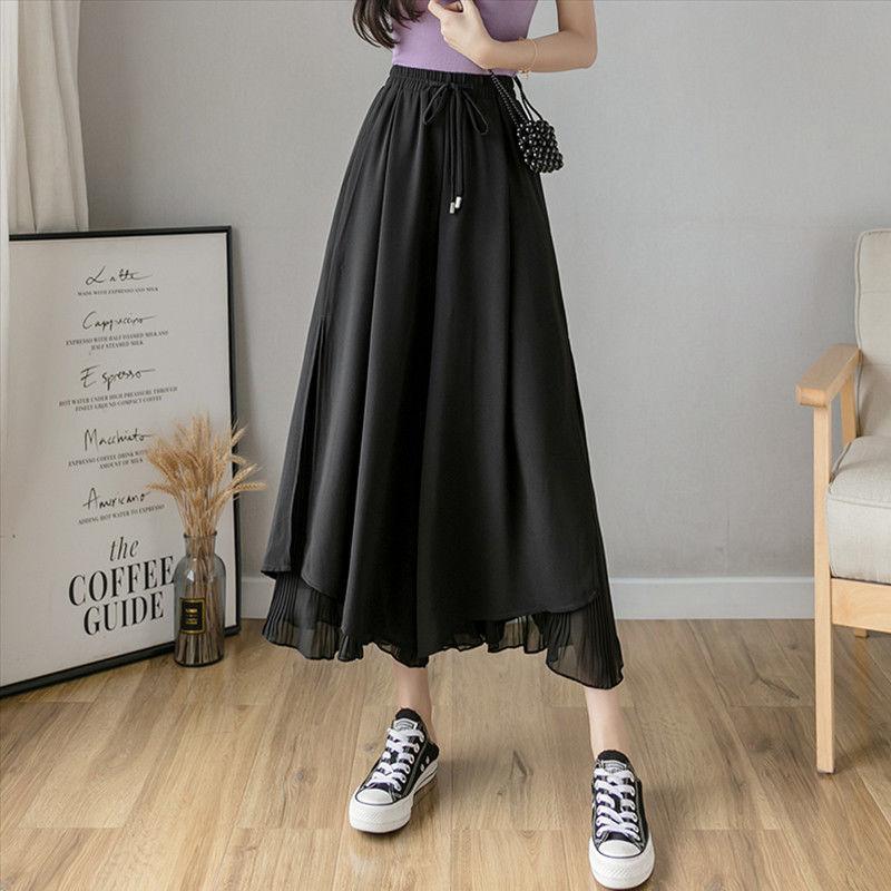 Schwarze Chiffon-Hosen mit weitem Bein für Damen, lockere, lässige, dünne, elastische Taille, Spitze, einfarbige, abgeschnittene Hosen, Frühling und Sommer M schwarz von Joom DACH