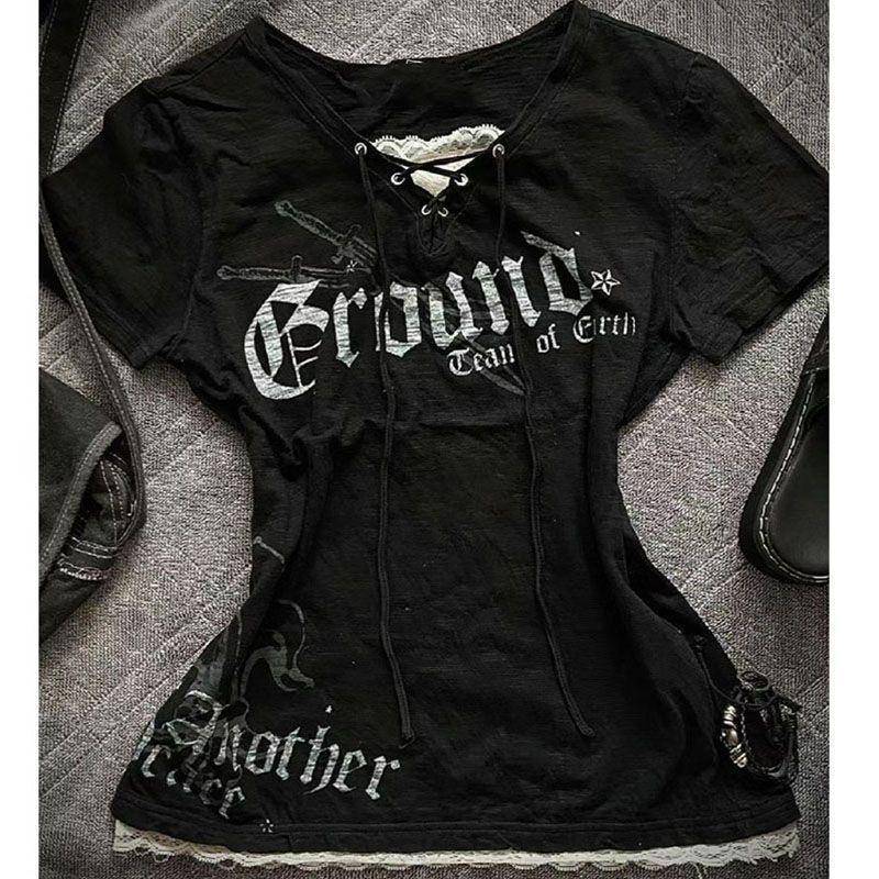 Schwarze Gothic T-Shirts Damen Y2k Casual Letter Printed Bluse Outwear Harajuku Kleidung Chic Elegantes Design Tees Chic Outwear S von Joom DACH