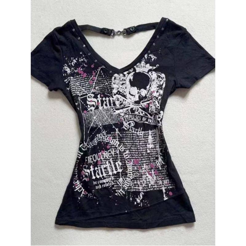 Schwarze Gothic T-Shirts Damen Y2k Casual Letter Printed Bluse Outwear Harajuku Kleidung Chic Elegantes Design Tees Chic Outwear S von Joom DACH