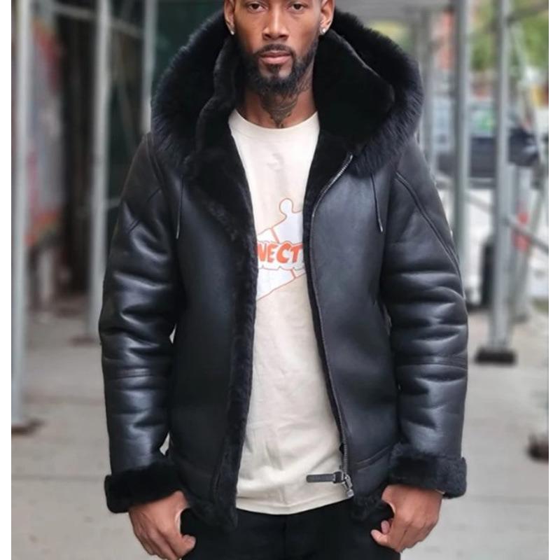 Schwarze Herren-Lederjacke mit großem Pelzkragen und Kapuze aus dickem Fleece XL von Joom DACH