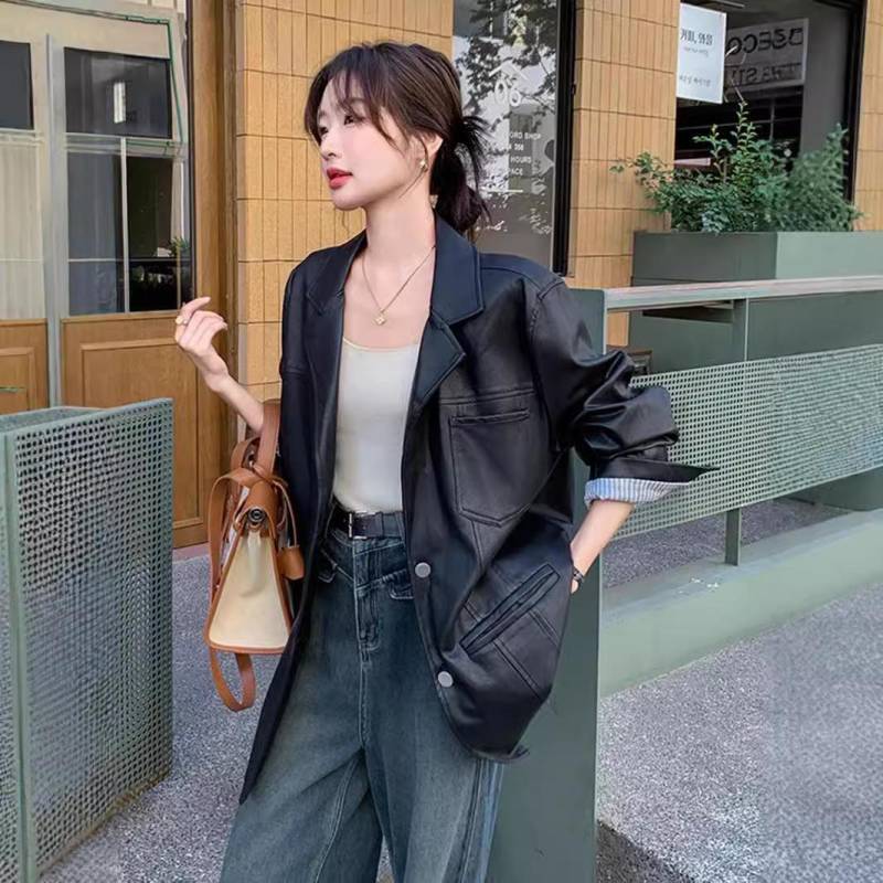 Schwarze Lederjacke für Damen Frühling und Herbst Neue Retro Reversjacke Mittellanges Oberteil XL schwarz von Joom DACH