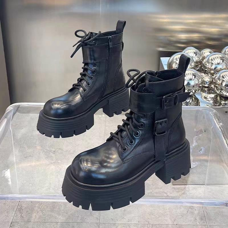 Schwarze Retro-High-Top-Martin-Stiefel für Damen im Sommer 2024 mit dicken Sohlen, schlankmachendem Schnallendesign und höhenverstärkenden Eigenschaften. 37 schwarz von Joom DACH