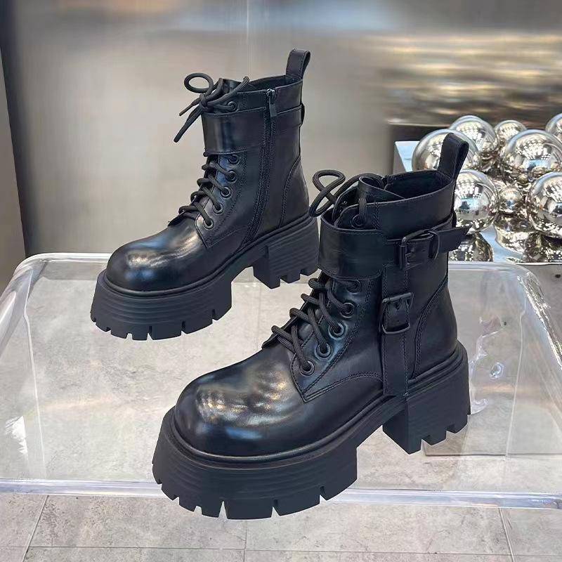 Schwarze Retro-High-Top-Martin-Stiefel für Damen im Sommer 2024 mit dicken Sohlen, schlankmachendem Schnallendesign und höhenverstärkenden Eigenschaften. 37 schwarz von Joom DACH