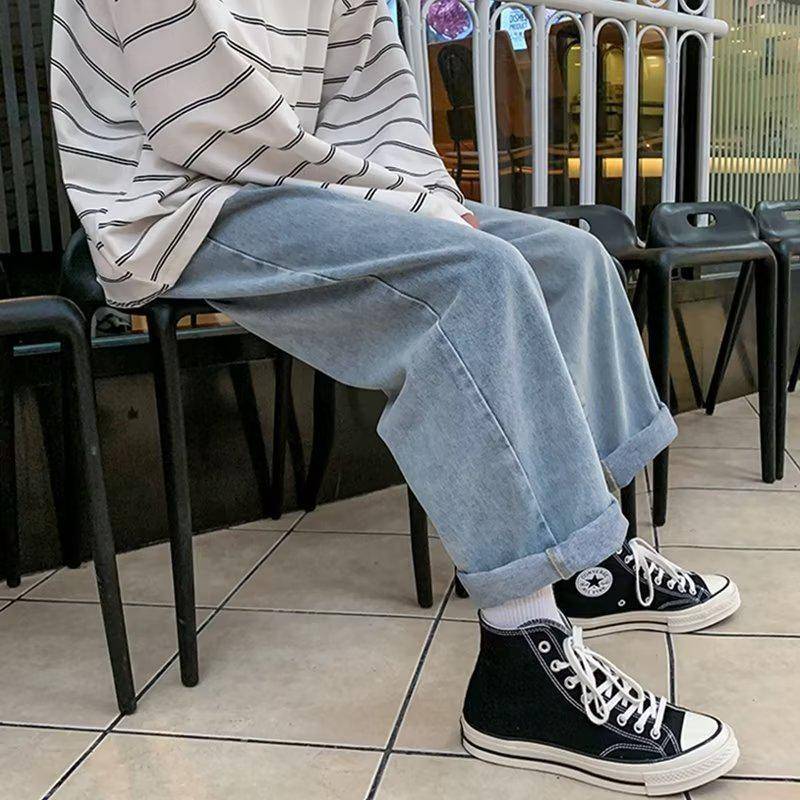 Schwarze Retro-Jeans mit weitem Bein für Herren – neuer Herbsttrend, High-Street-Style, gerade, lockere Passform, große Größen erhältlich. L hellblaue von Joom DACH