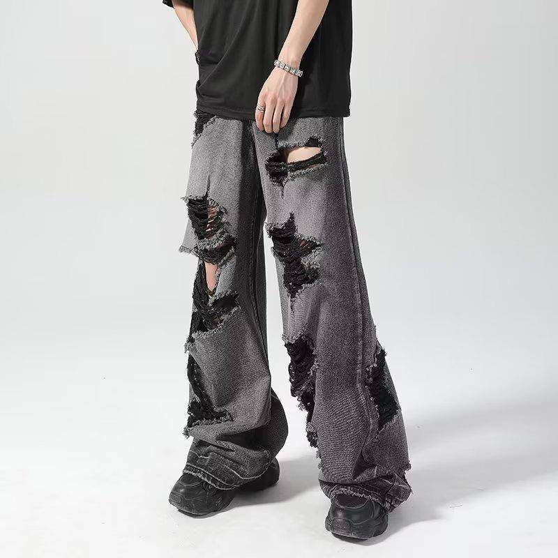 Schwarze Retro-Jeans mit weitem Bein und Rissen für Herren – lässige Straight Fit Medium grau/schwarz von Joom DACH