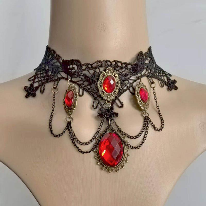 Schwarze Spitze Blume Damen Halskette Rote Steine Ketten Choker Schmuck Geschenk für Damen und Mädchen Elegantes Geburtstagsfeier Accessoire von Joom DACH