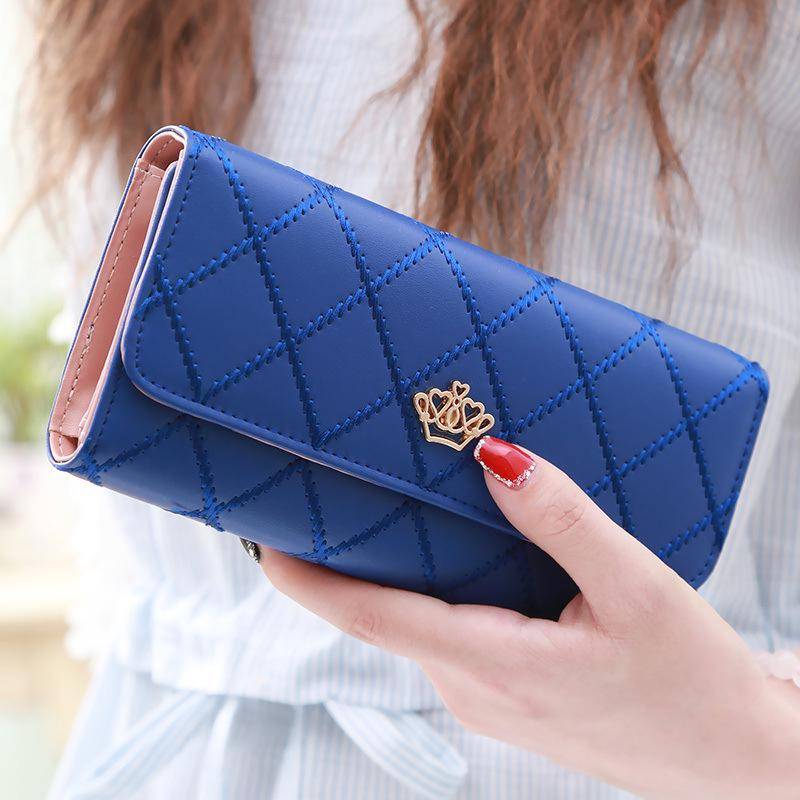 Schwarze lange Geldbörsen für Frauen PU-Leder Rautenmuster Geldbörse Kartenhalter Kronenschnalle Damen Handytasche Modische Clutch blau von Joom DACH