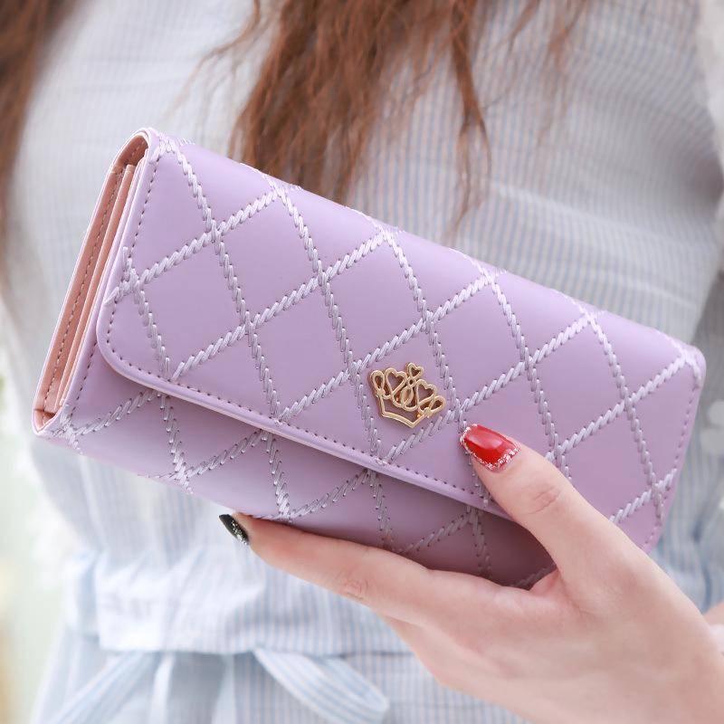 Schwarze lange Geldbörsen für Frauen PU-Leder Rautenmuster Geldbörse Kartenhalter Kronenschnalle Damen Handytasche Modische Clutch violett von Joom DACH