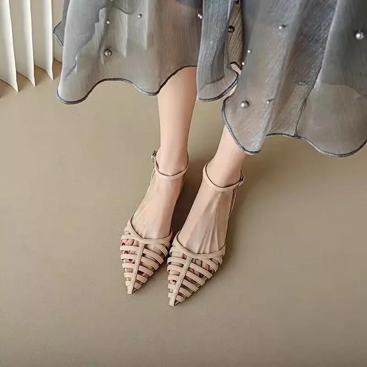 Schwarze spitze Sandalen Sommer neue Frauen Nischendesign weibliche einzeilige Taste Hohl-out römische High-Heeled Frau Schuhe 35 beige von Joom DACH