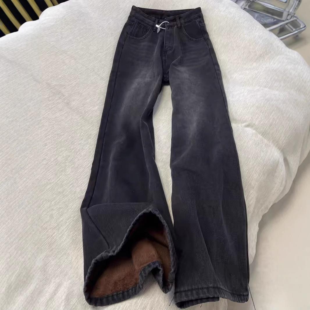 Schwarze und graue warme Jeans mit Plus-Samt, locker, gerade geschnitten, für Damen, für Herbst und Winter, neu, amerikanischer Retro-Stil, hohe Taille, Baggy-Weitbein-Hose XL von Joom DACH