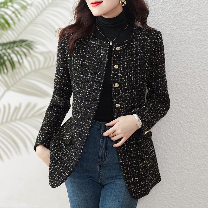 Schwarzer Xiaoxiangfeng Damenmantel Neu Frühling Wolle Tweed Taille Kragenloser Anzug Zum Warmhalten XXL schwarz von Joom DACH
