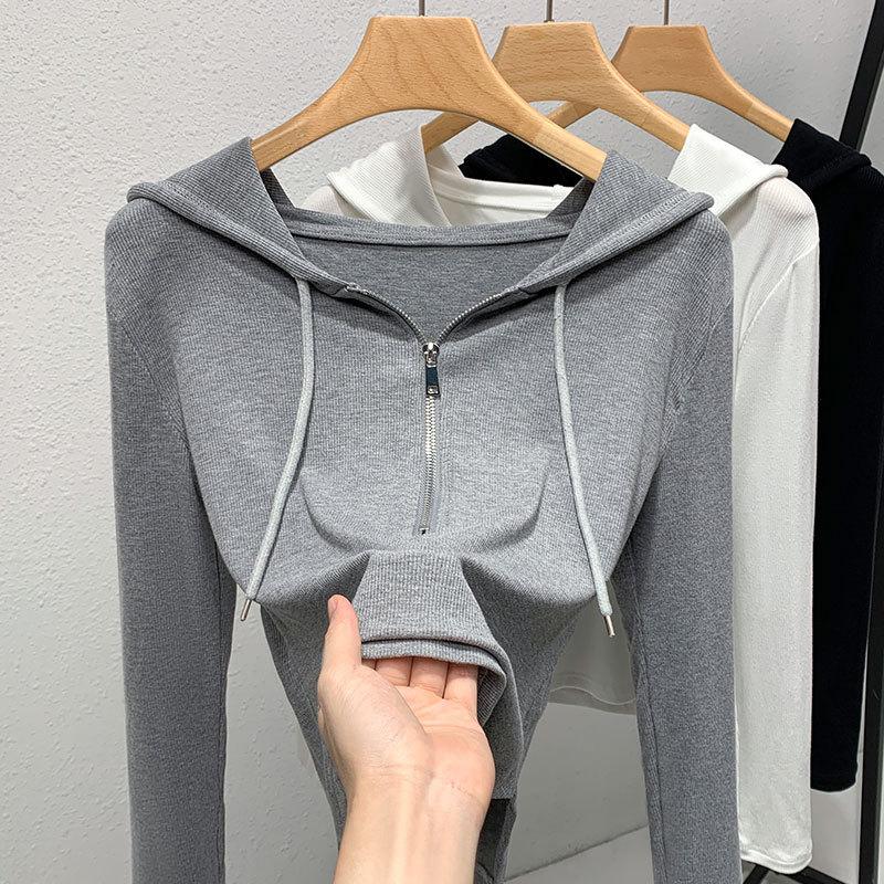 Schwarzes Fleece-Kapuzensweatshirt mit halbem Reißverschluss für Damen im Herbst und Winter mit einer Mütze als Basis und einem lässigen, taillierten Oberteil 3XL graue von Joom DACH