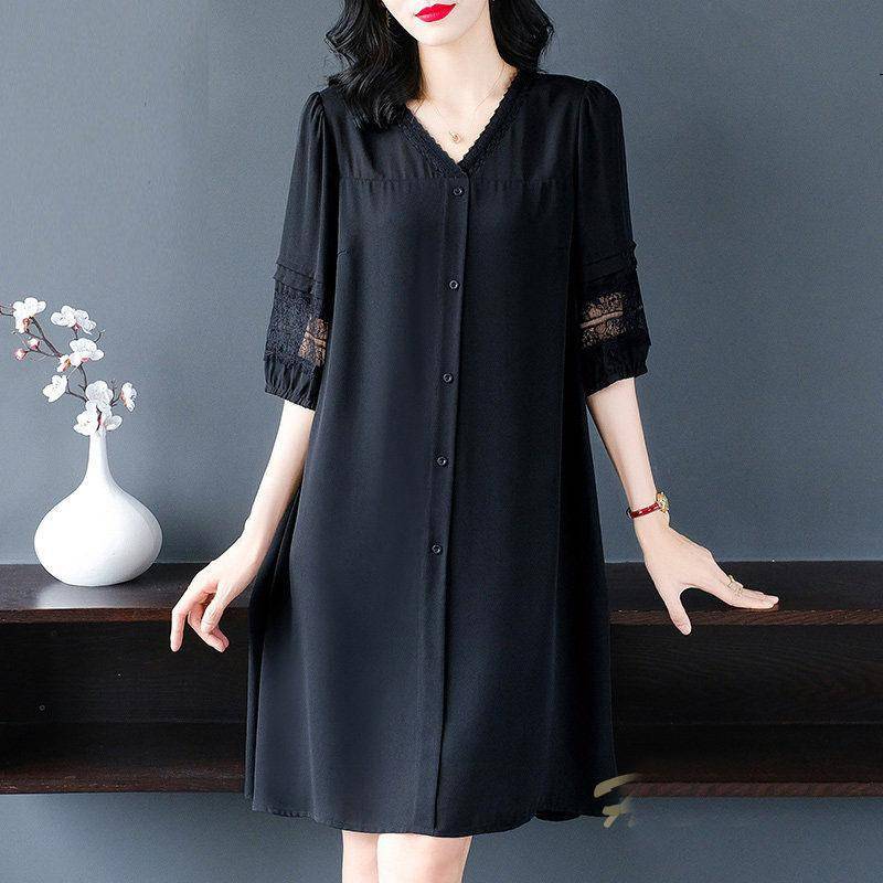 Schwarzes Kleid Damen Lockeres Großes Sommerkleid Mittellanges Einfarbiges Lässiges Spitzenkleid Mit Ausgehöhlten 5XL schwarz von Joom DACH