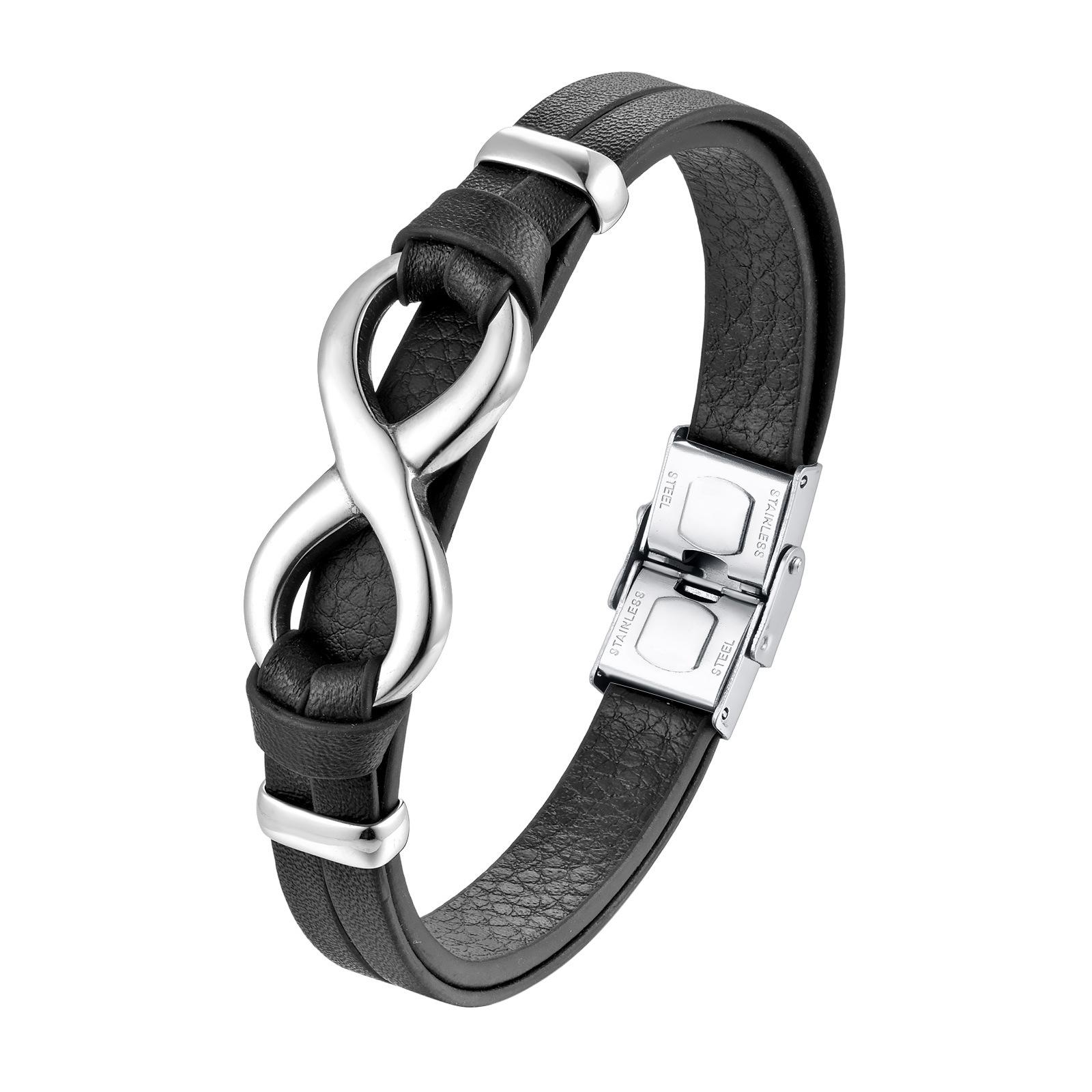 Schwarzes Lederseil-Armband mit 8 Unendlichkeitszeichen für Männer, modisches handgewebtes Armband, Edelstahlverschluss, verstellbares Lederband 21cm von Joom DACH
