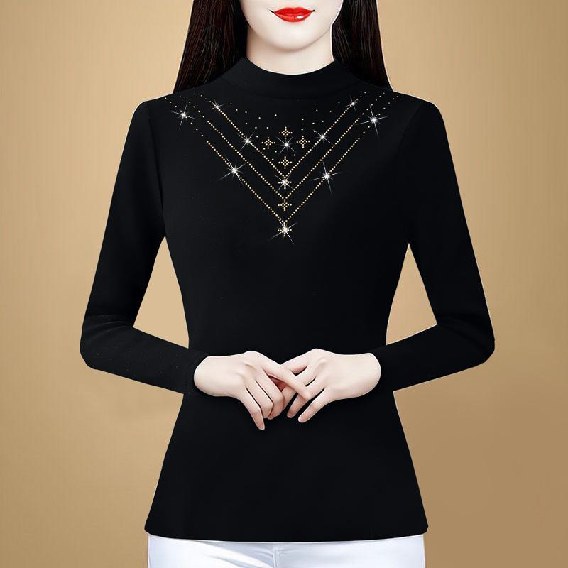 Schwarzes Unterhemd Damen Winter Langarm Innen mit Neu-Mutter Slim-fit Hot Diamond Top, Fleece und dickeres T-Shirt 5XL von Joom DACH