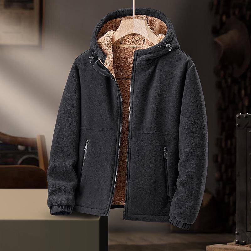 Schwere Fleecejacke mit Kapuze für Herren – dicker, warmer, lässiger Cardigan aus Lammfleece für Herbst und Winter. 2XL schwarz von Joom DACH