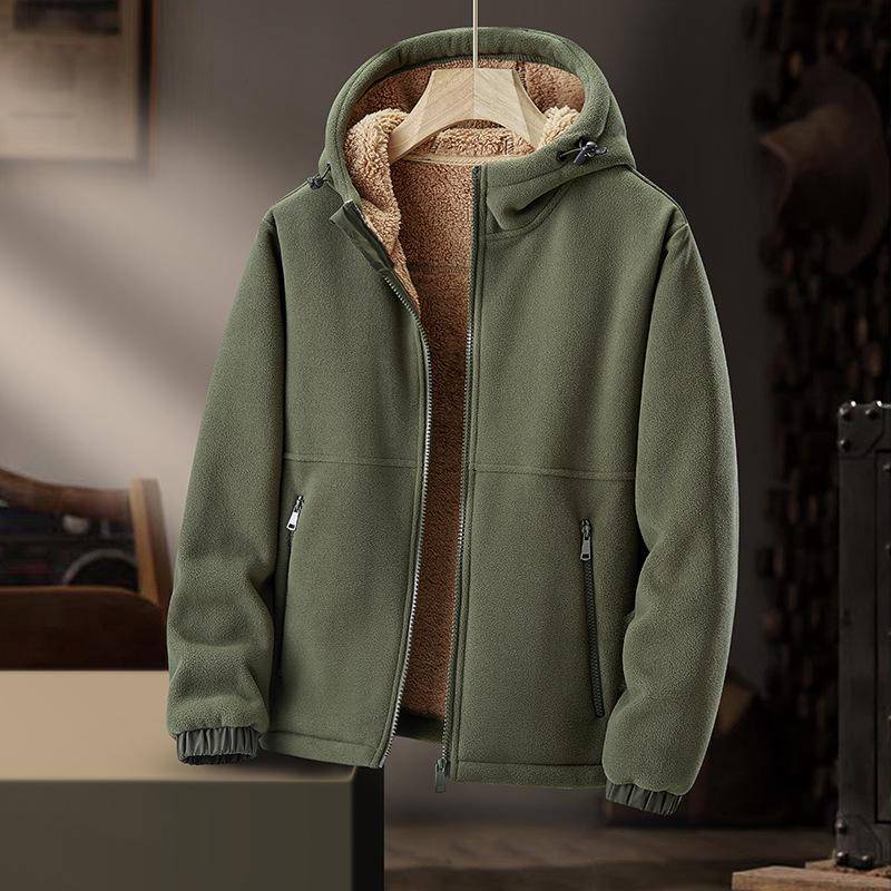Schwere Fleecejacke mit Kapuze für Herren – dicker, warmer, lässiger Cardigan aus Lammfleece für Herbst und Winter. XL armee grüne von Joom DACH
