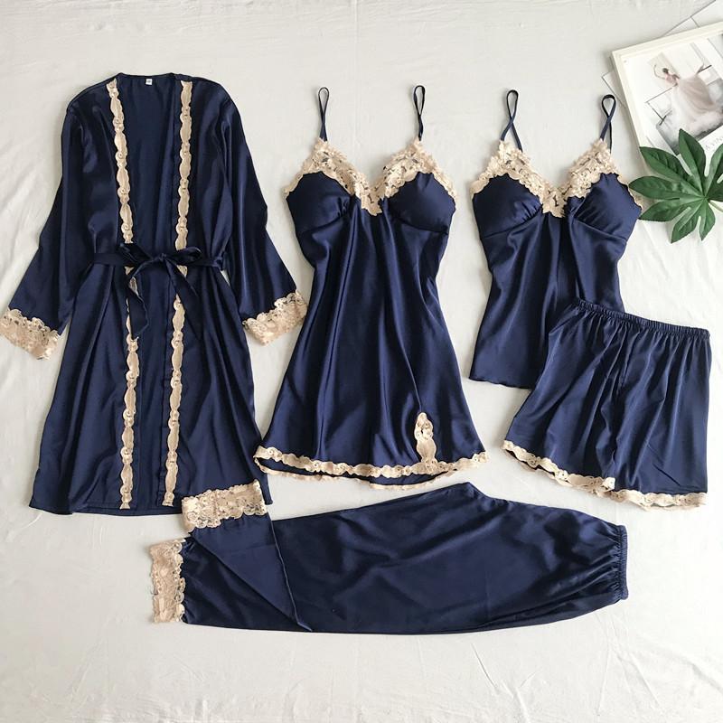 Seiden-Satin-Pyjama-Set 5 Spitzen-Patchwork Damen-Pyjama-Set Oberteil Shorts Lockere Schärpe Damen-Pyjama Hauskleidung mit Brustpolster M von Joom DACH