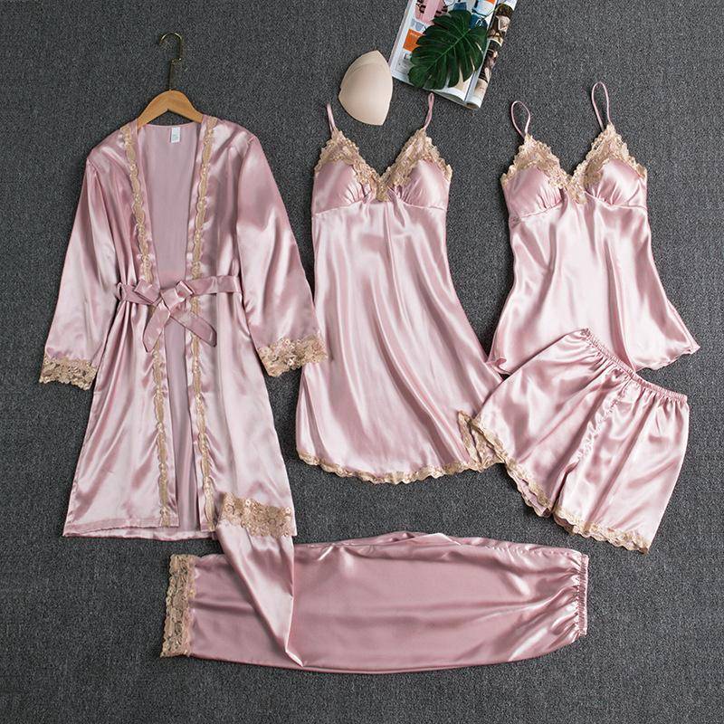Seiden-Satin-Pyjama-Set 5 Spitzen-Patchwork Damen-Pyjama-Set Oberteil Shorts Lockere Schärpe Damen-Pyjama Hauskleidung mit Brustpolster S blau von Joom DACH