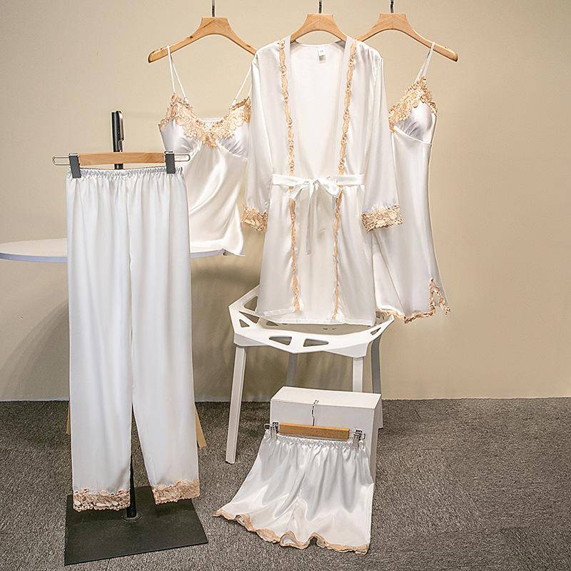 Seiden-Satin-Pyjama-Set 5 Spitzen-Patchwork Damen-Pyjama-Set Oberteil Shorts Lockere Schärpe Damen-Pyjama Hauskleidung mit Brustpolster S weiß von Joom DACH
