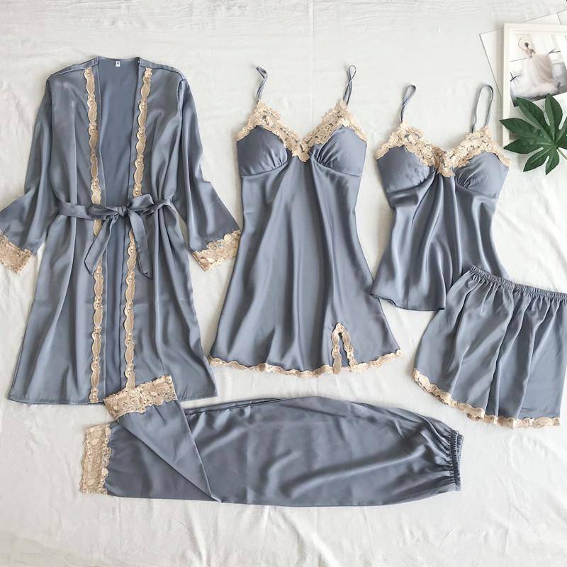 Seiden-Satin-Pyjama-Set 5 Spitzen-Patchwork Damen-Pyjama-Set Oberteil Shorts Lockere Schärpe Damen-Pyjama Hauskleidung mit Brustpolster XXXL von Joom DACH