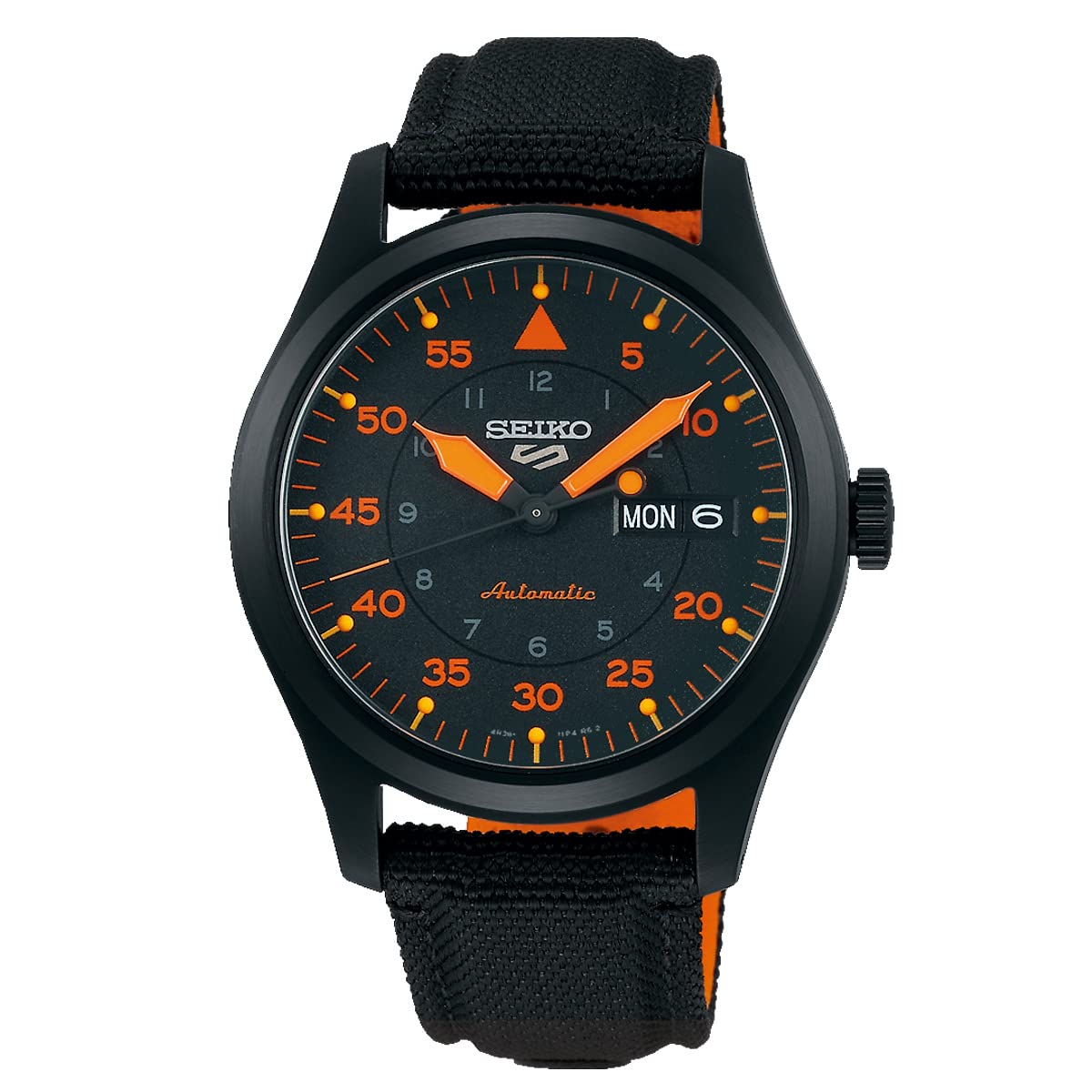 Seiko Fünf Uhr Seiko5 Automatik Handaufzug Tag Datum Kalender SRPH33K1 Field Street schwarz orange Rückseite Skelett Herren MA-1 von Joom DACH