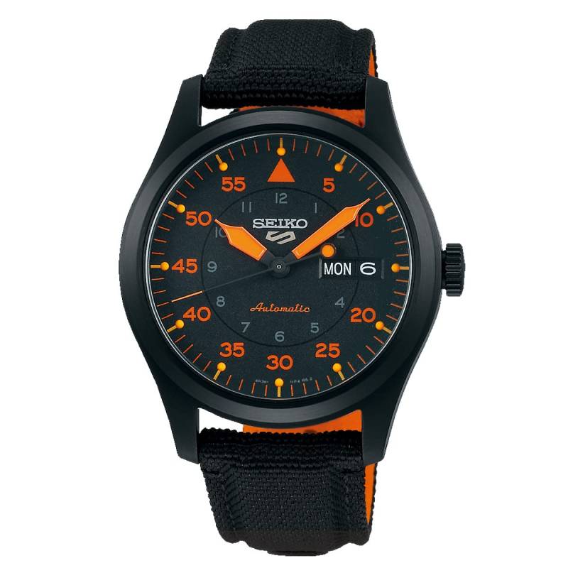 Seiko Fünf Uhr Seiko5 Automatik Handaufzug Tag Datum Kalender SRPH33K1 Field Street schwarz orange Rückseite Skelett Herren MA-1 von Joom DACH