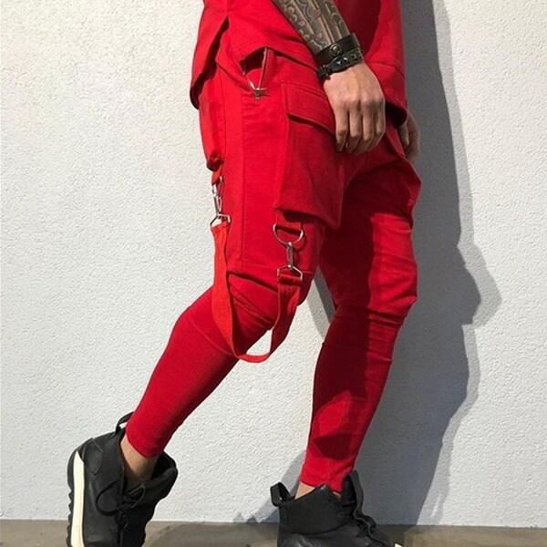 Seitliche Reißverschlusstaschen Bänder Herren Joggerhose Baumwolle Hip Hop Streetwear Jogginghose Bleistifthose XXL rot von Joom DACH