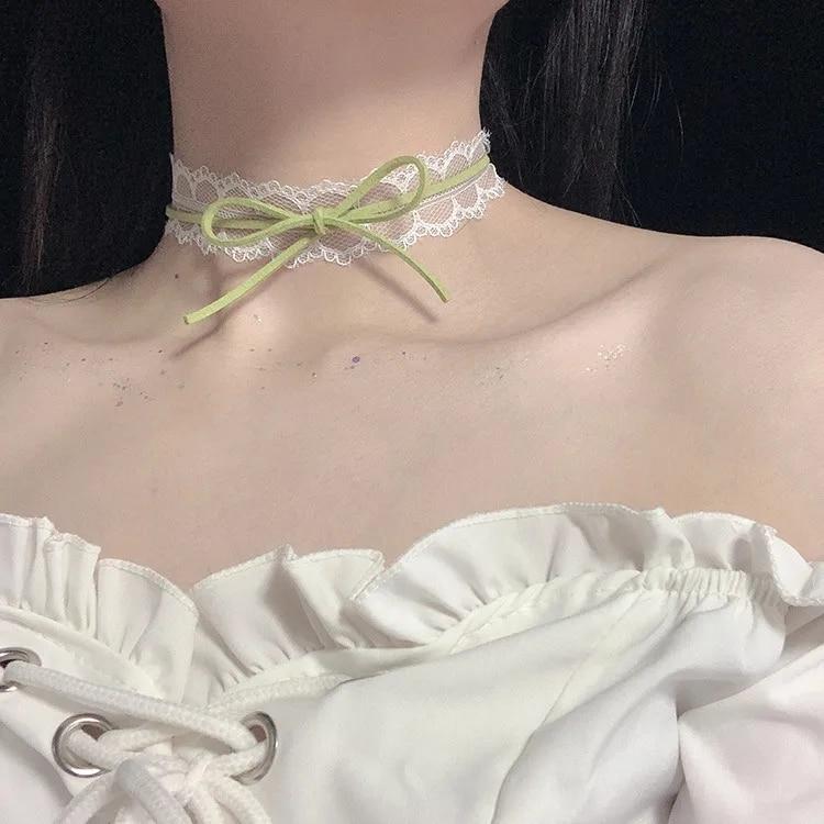 Sen-Serie weicher Schwester-Schmuck für Mädchen, grünes Halsband, pfirsichfarbenes Herz, Schleife, Halskette, Halsband, Schlüsselbeinkette von Joom DACH