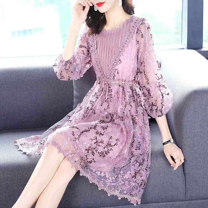 Senior Sense of Lace Holz Ohr Trim Kleid Frauen Elegante lose Altersreduzierung bestickte Kleider 5XL violett von Joom DACH