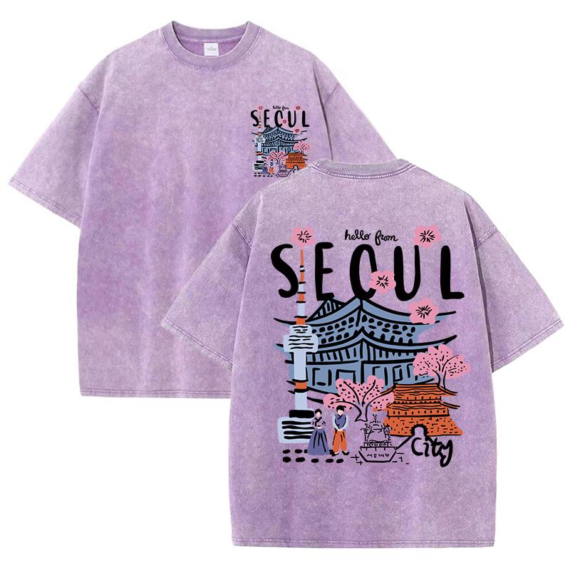 Seoul Beautiful Scenery Bedrucktes gewaschenes T-Shirt für Damen, Sommer, Rundhalsausschnitt, trendige Baumwolle, kurzärmelige Freizeit-T-Shirts 3XL von Joom DACH