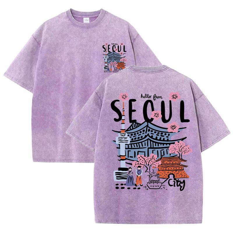 Seoul Beautiful Scenery Bedrucktes gewaschenes T-Shirt für Damen, Sommer, Rundhalsausschnitt, trendige Baumwolle, kurzärmelige Freizeit-T-Shirts 3XL von Joom DACH